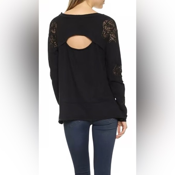Free People - Outer Sunset Black Lace Detail Long Sleeve Cutout Back Blouse SZ S - Picture 2 of 12